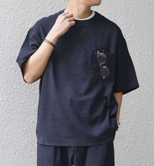 SHIPS any「SHIPS any:〈洗濯機可能〉FUTURE LINEN CANVAS リネンライク デザイン リブ ポケット Tシャツ◆」|Tシャツ・カットソー|ネイビー