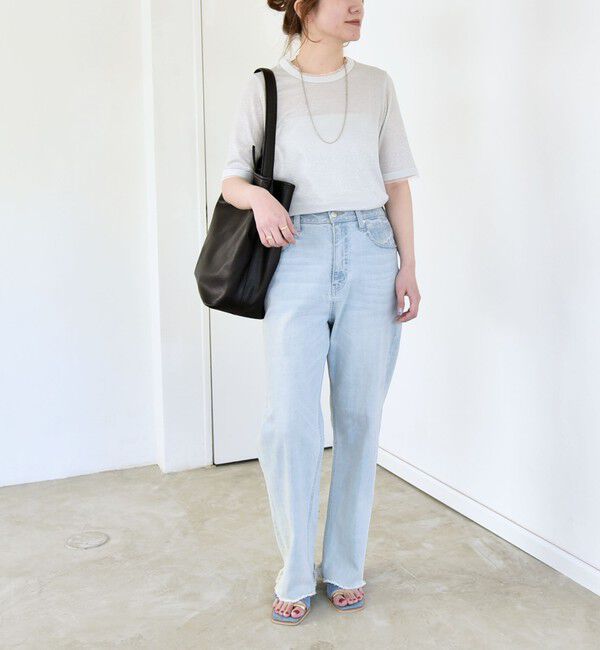 quaranciel「《予約》quaranciel:〈手洗い可能〉ラメ リブ ハーフスリーブ クルーネック TEE」|Tシャツ・カットソー|