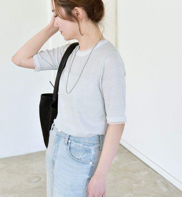 quaranciel「《予約》quaranciel:〈手洗い可能〉ラメ リブ ハーフスリーブ クルーネック TEE」|Tシャツ・カットソー|