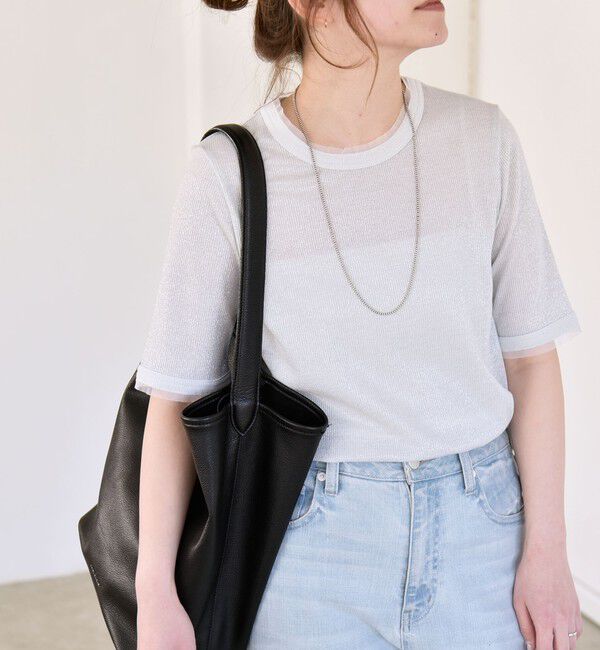 quaranciel「《予約》quaranciel:〈手洗い可能〉ラメ リブ ハーフスリーブ クルーネック TEE」|Tシャツ・カットソー|