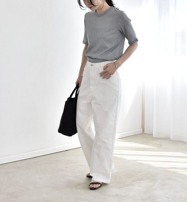 quaranciel「《予約》quaranciel:〈手洗い可能〉ラメ リブ ハーフスリーブ クルーネック TEE」|Tシャツ・カットソー|