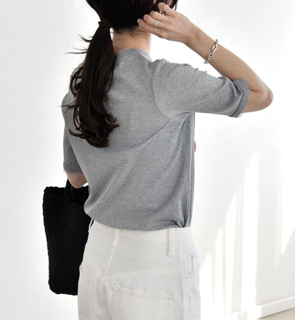 quaranciel「《予約》quaranciel:〈手洗い可能〉ラメ リブ ハーフスリーブ クルーネック TEE」|Tシャツ・カットソー|