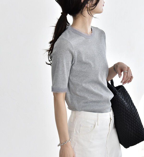 quaranciel「《予約》quaranciel:〈手洗い可能〉ラメ リブ ハーフスリーブ クルーネック TEE」|Tシャツ・カットソー|