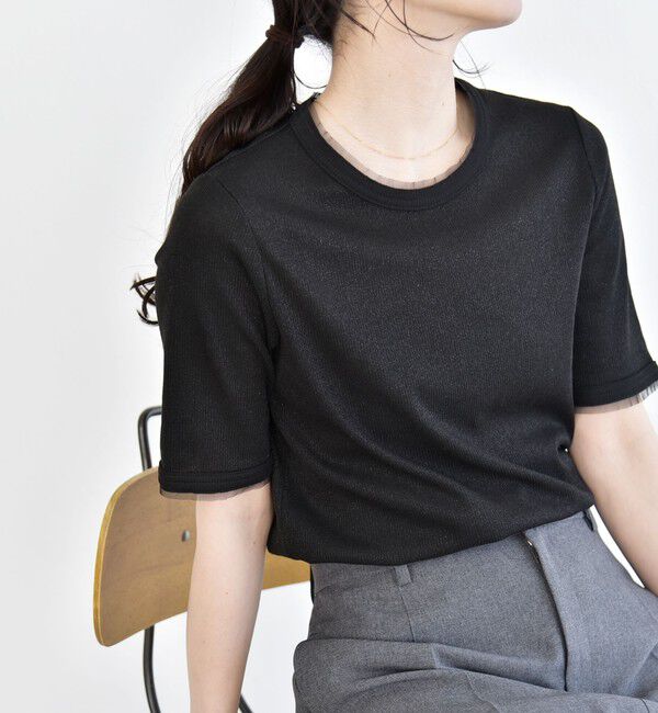 quaranciel「《予約》quaranciel:〈手洗い可能〉ラメ リブ ハーフスリーブ クルーネック TEE」|Tシャツ・カットソー|ブラック