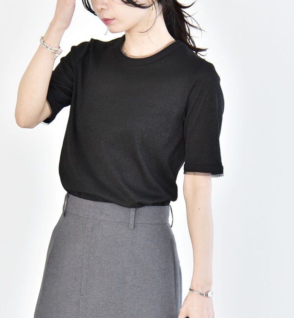 quaranciel「《予約》quaranciel:〈手洗い可能〉ラメ リブ ハーフスリーブ クルーネック TEE」|Tシャツ・カットソー|