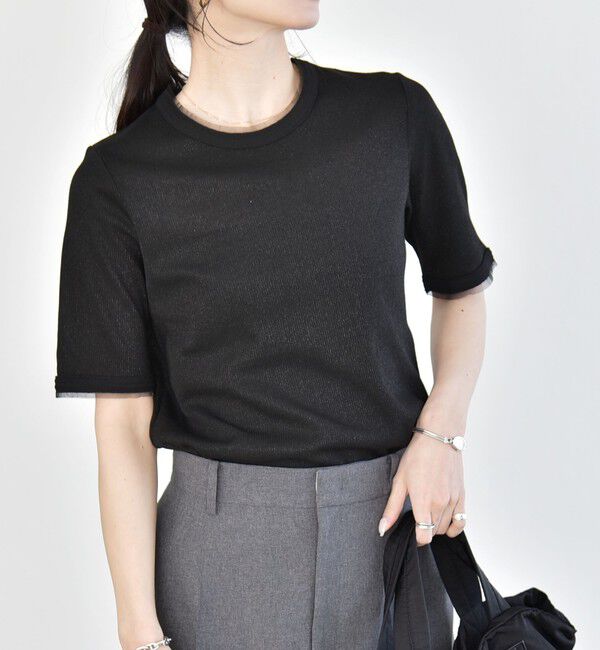quaranciel「《予約》quaranciel:〈手洗い可能〉ラメ リブ ハーフスリーブ クルーネック TEE」|Tシャツ・カットソー|