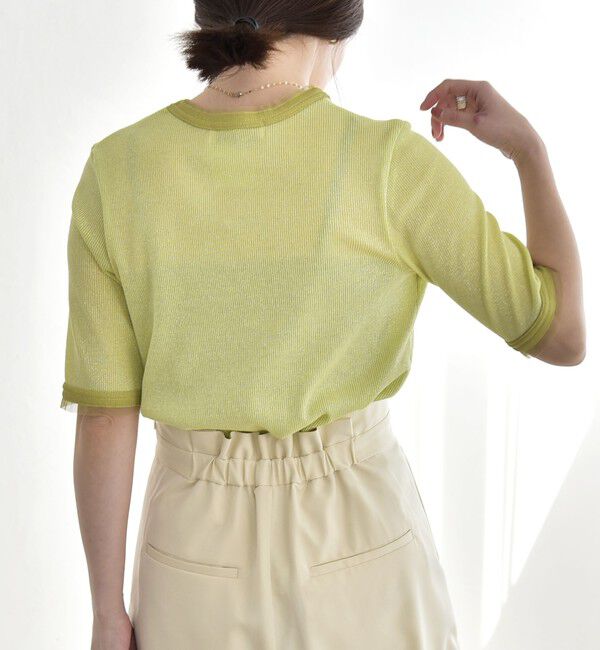 quaranciel「《予約》quaranciel:〈手洗い可能〉ラメ リブ ハーフスリーブ クルーネック TEE」|Tシャツ・カットソー|