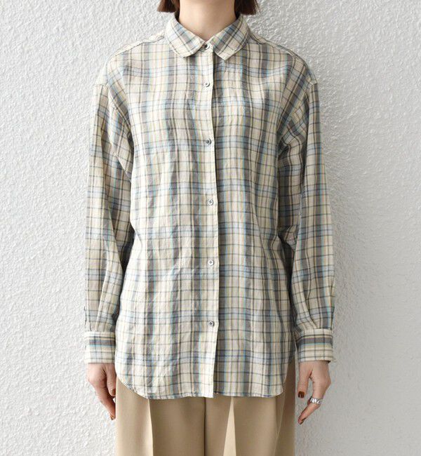 SHIPS any「《予約》SHIPS any:〈洗濯機可能〉リネン ミックス レギュラーカラー ルーズ 刺繍 シャツ（チェック）」|シャツ・ブラウス|