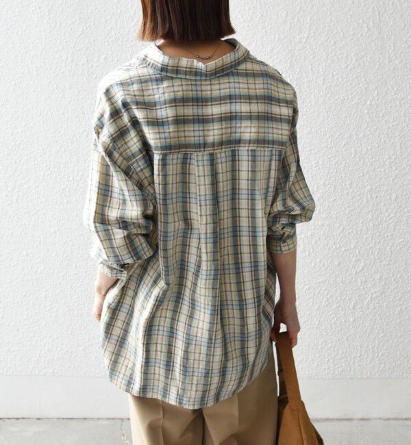 SHIPS any「《予約》SHIPS any:〈洗濯機可能〉リネン ミックス レギュラーカラー ルーズ 刺繍 シャツ（チェック）」|シャツ・ブラウス|