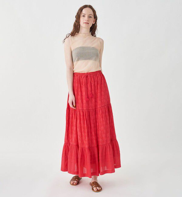 SOULEIADO「コットンカットジャカードコンビ ティアードマキシスカート」|フレア|