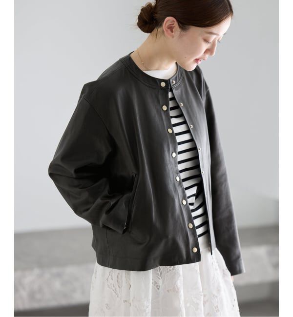 IENA「《追加》シープクルーネックブルゾン」|ライダースジャケット|