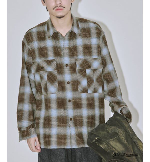 J.S.Homestead「J.S.Homestead / インディゴ チェック ミリタリー シャツ」|シャツ・ブラウス|ブラウン B