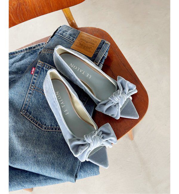  「3.5cmポインテッドリボンオープントゥパンプス」|パンプス|サックスブルー