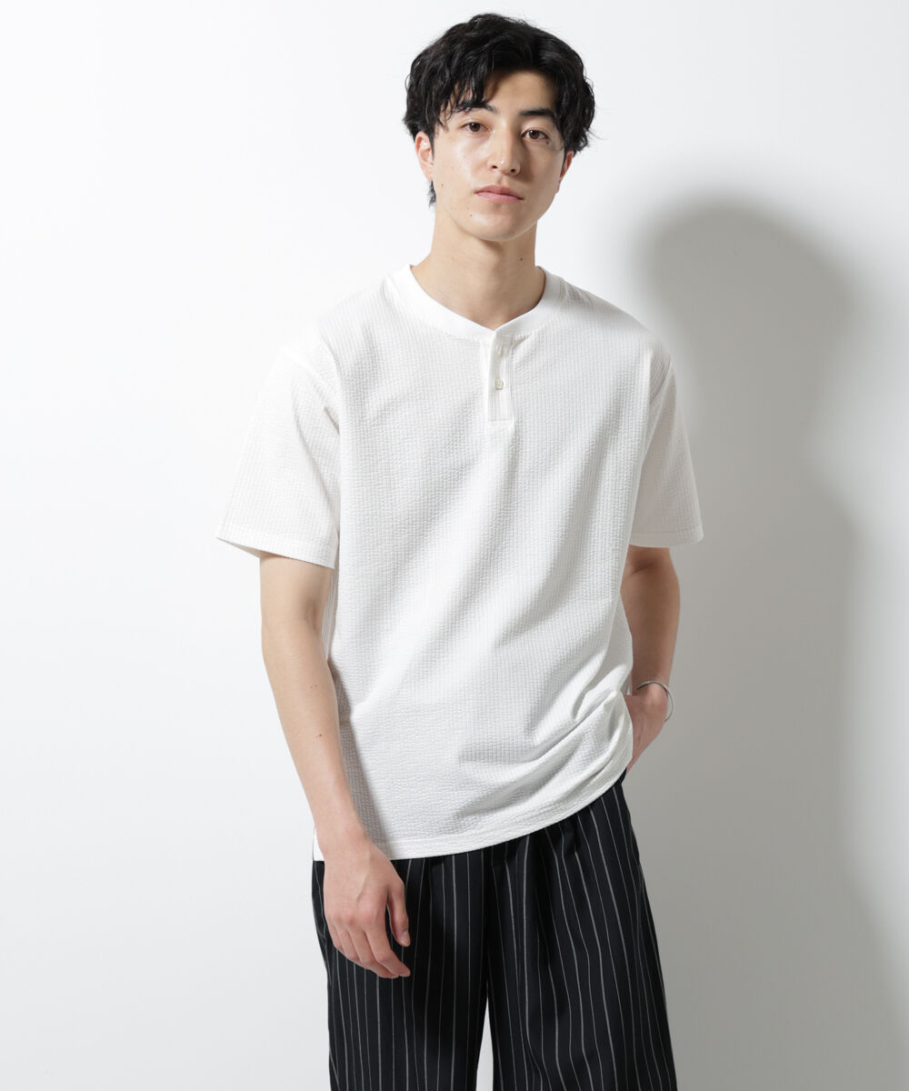 nano･universe「ジャージーサッカーヘンリーネックTシャツ 半袖」|Tシャツ・カットソー|ホワイト