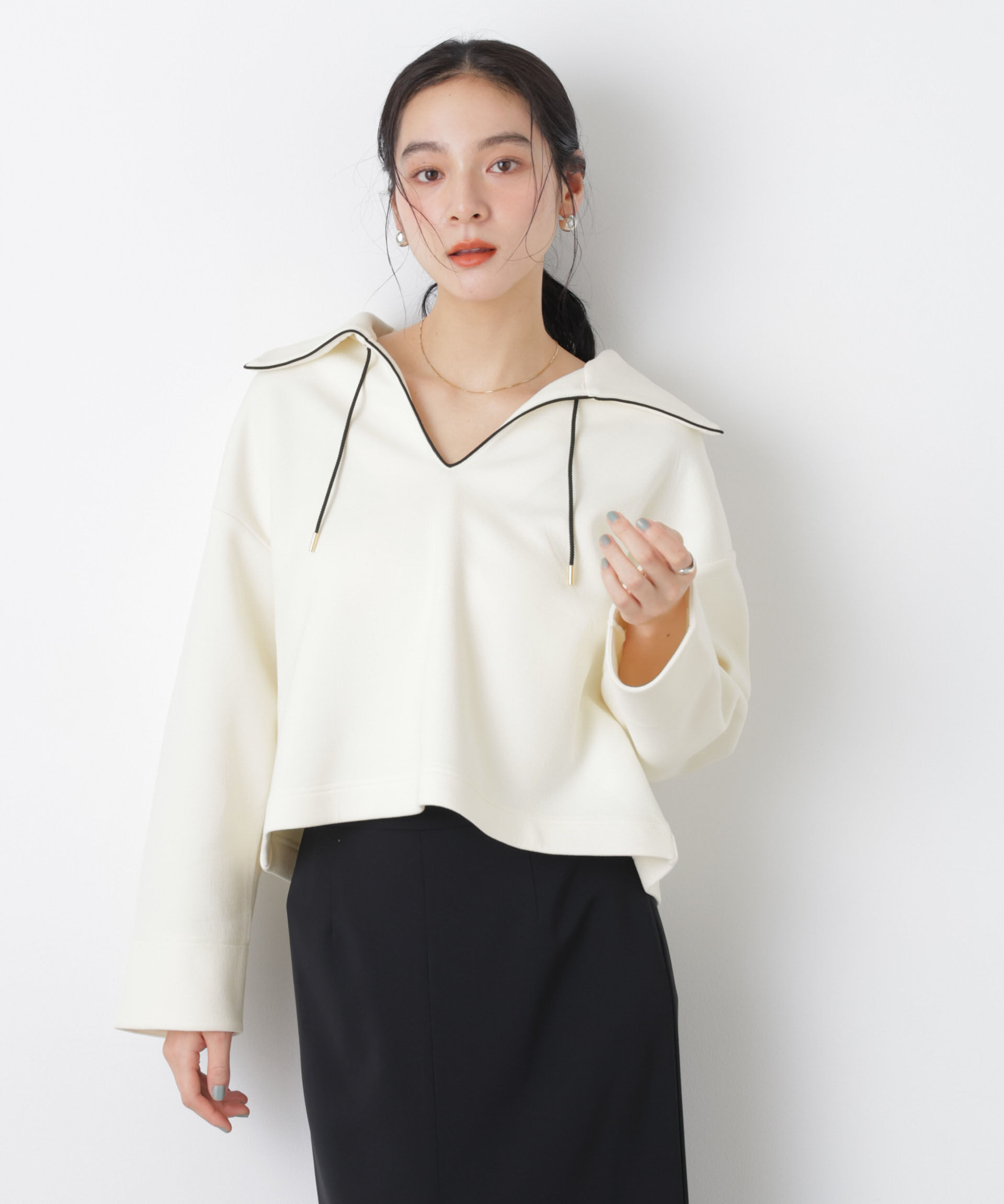 nano･universe「ダンボールカットバイカラーパイピングビッグカラートップス」|Tシャツ・カットソー|オフホワイト1