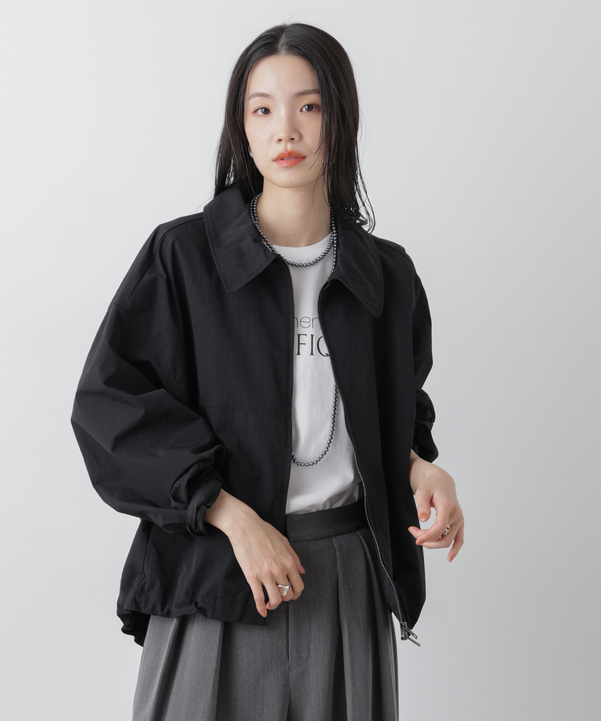 nano･universe「撥水＆花粉ガード コクーンシルエットジップブルゾン」|ブルゾン・スタジャン|