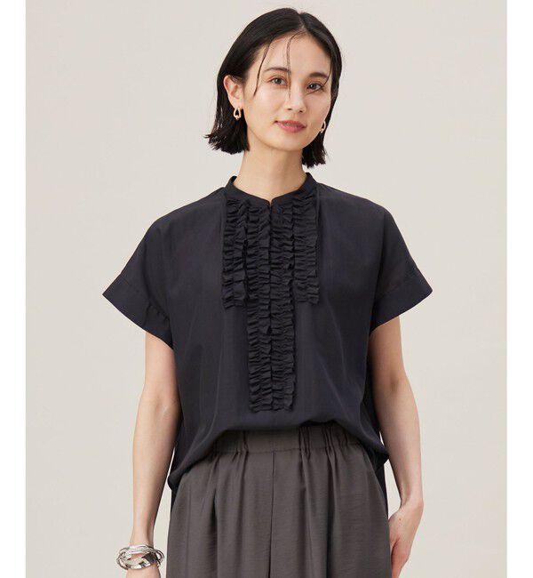 自由区「【洗える】ソフトリネンフリルディティール ブラウス」|シャツ・ブラウス|ネイビー