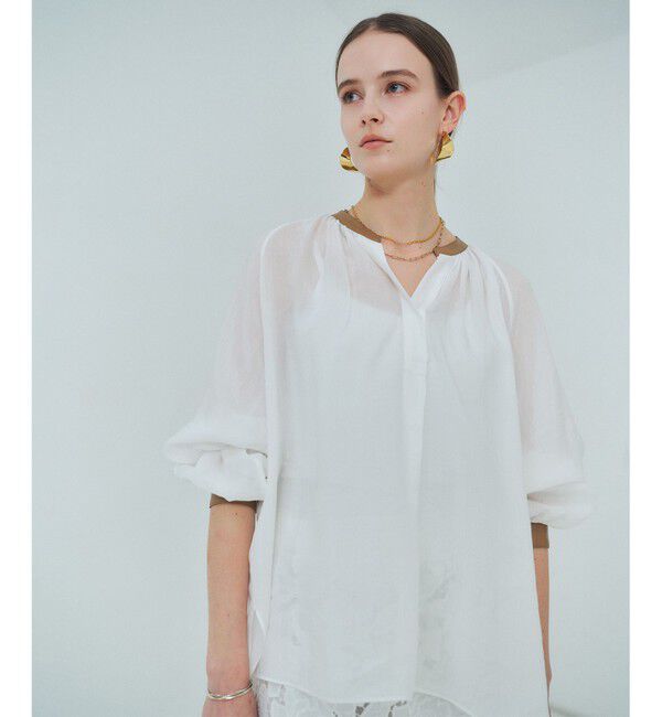 BEIGE,「PAULINE / リネンヴィスコースフェイクレザー配色ブラウス」|シャツ・ブラウス|