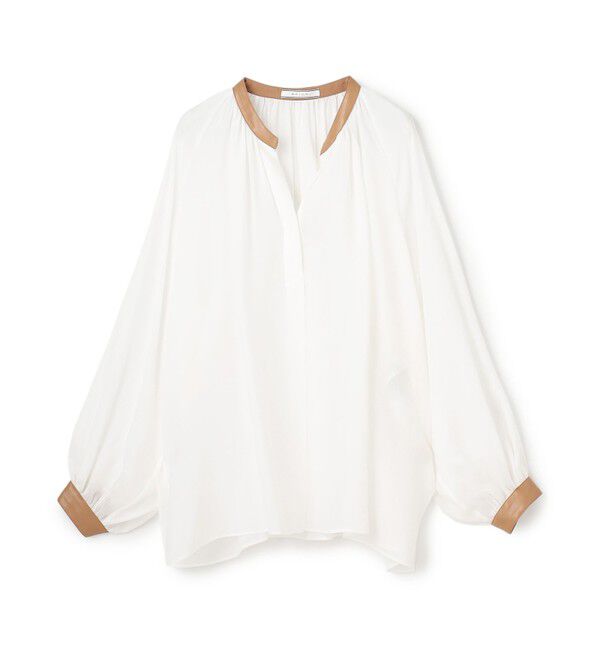 BEIGE,「PAULINE / リネンヴィスコースフェイクレザー配色ブラウス」|シャツ・ブラウス|