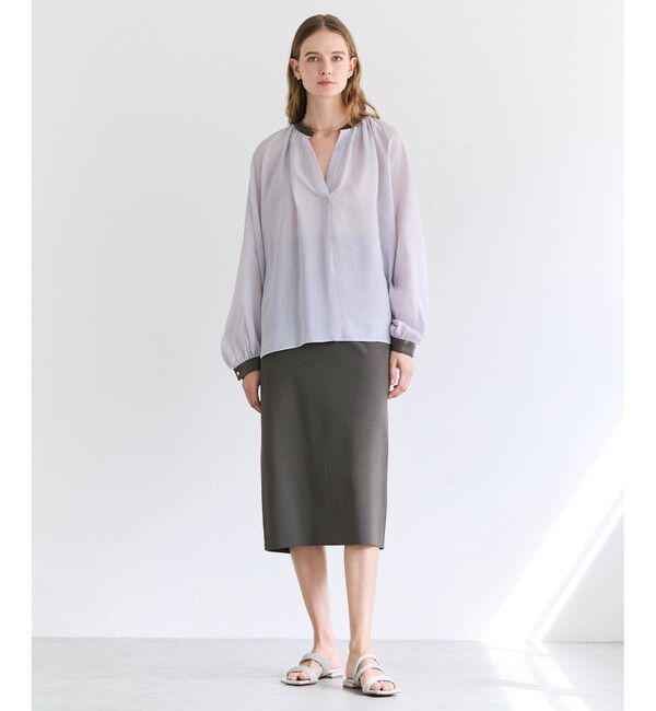 BEIGE,「PAULINE / リネンヴィスコースフェイクレザー配色ブラウス」|シャツ・ブラウス|