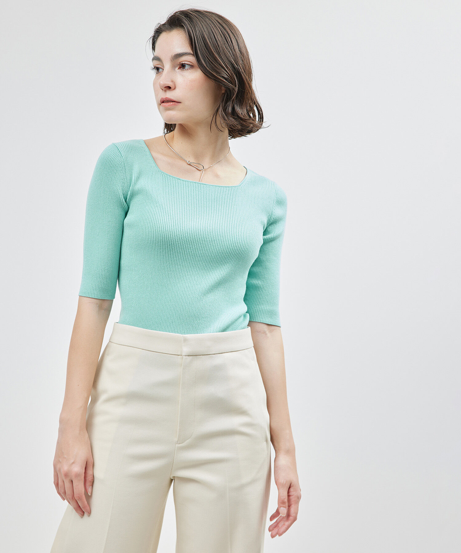 ROPE「【洗える】シルクプロテイン5分袖ニット【メディア掲載】」|Tシャツ・カットソー|サックス(48)