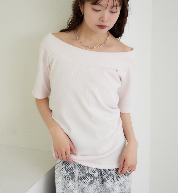  「プレート付きワイドネックT」|Tシャツ・カットソー|ピンク