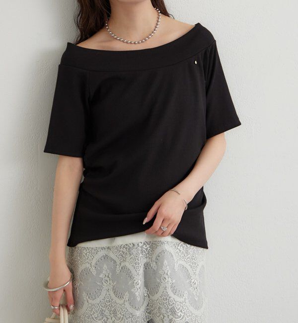  「プレート付きワイドネックT」|Tシャツ・カットソー|ブラック