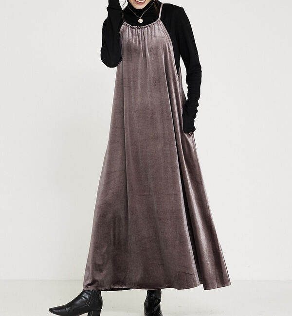 abahouse mavie「【大人のいちまんワンピ】プリント＆ベロアキャミワンピ」|ワンピース|チャコールグレー