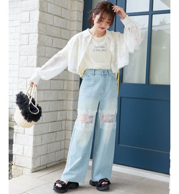  「パール付きクロップドロゴTシャツ」|Tシャツ・カットソー|