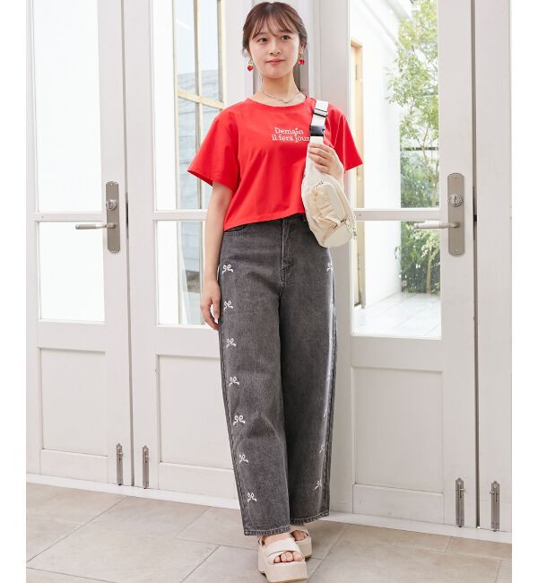  「パール付きクロップドロゴTシャツ」|Tシャツ・カットソー|