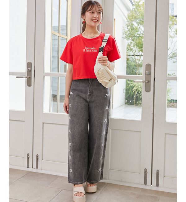  「パール付きクロップドロゴTシャツ」|Tシャツ・カットソー|