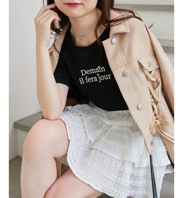  「パール付きクロップドロゴTシャツ」|Tシャツ・カットソー|ブラック