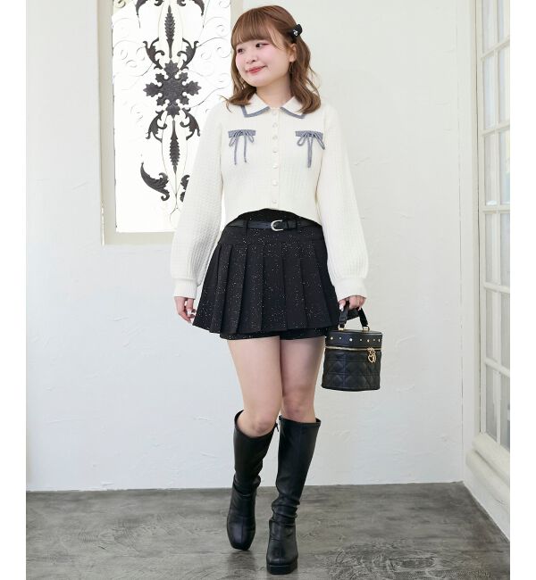  「バイカラーリボンケーブルニットカーデ」|カーディガン|