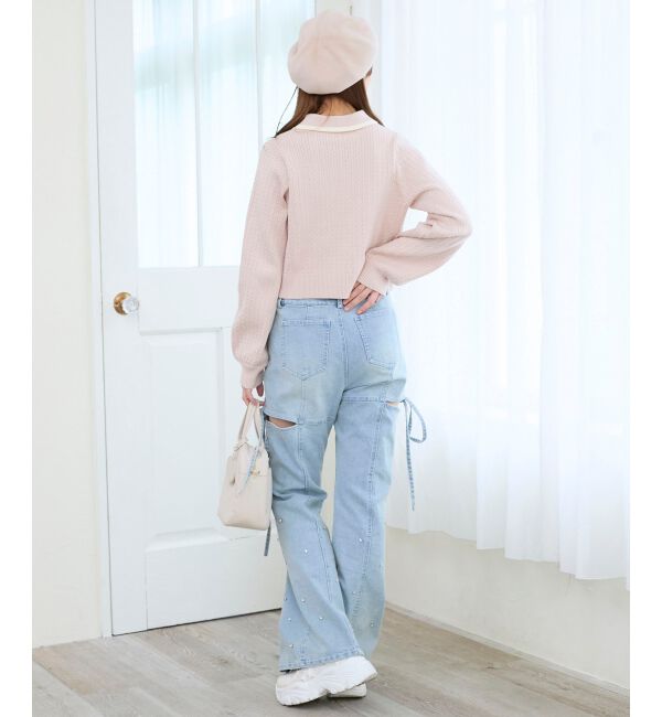  「バイカラーリボンケーブルニットカーデ」|カーディガン|