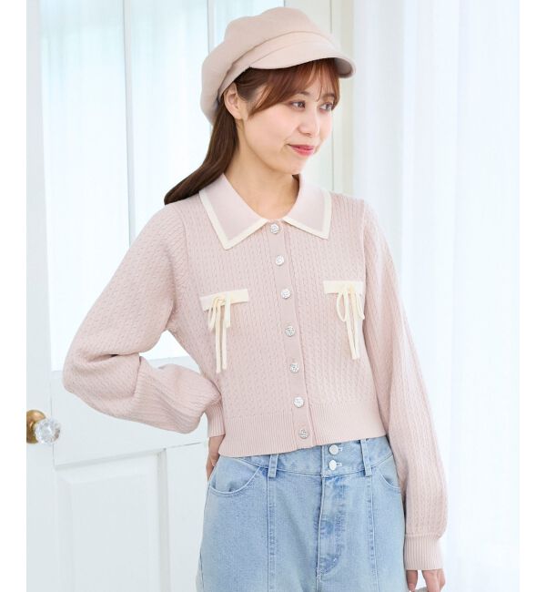  「バイカラーリボンケーブルニットカーデ」|カーディガン|