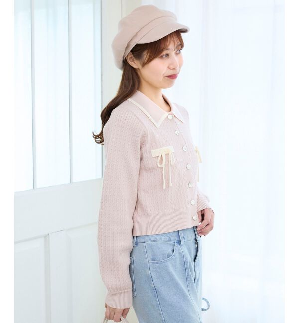  「バイカラーリボンケーブルニットカーデ」|カーディガン|