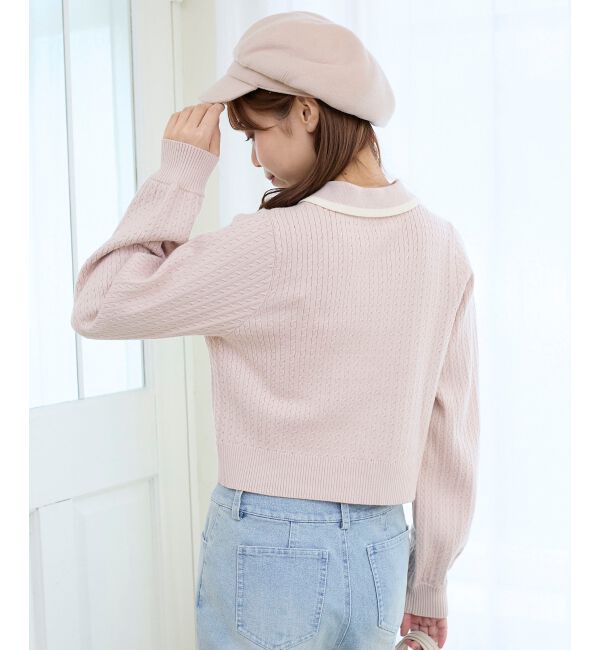  「バイカラーリボンケーブルニットカーデ」|カーディガン|