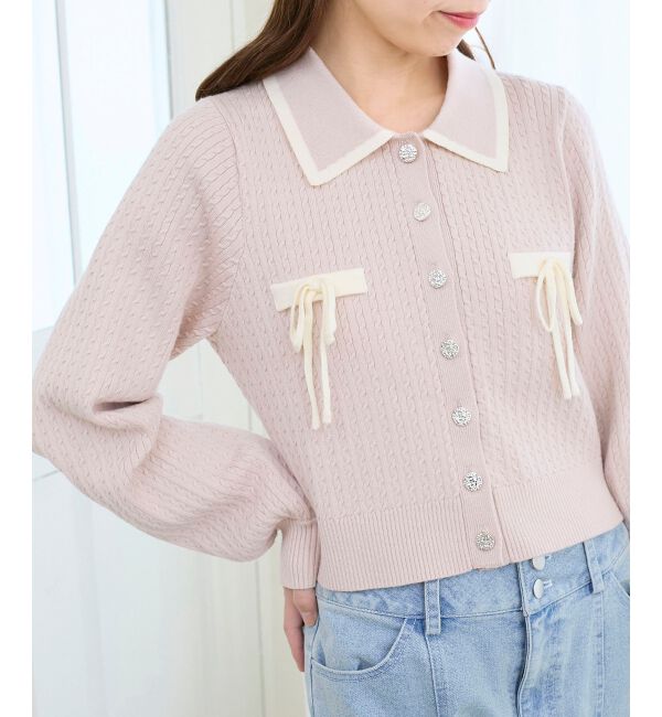  「バイカラーリボンケーブルニットカーデ」|カーディガン|