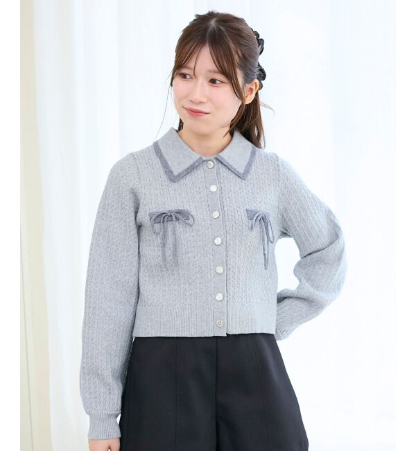  「バイカラーリボンケーブルニットカーデ」|カーディガン|