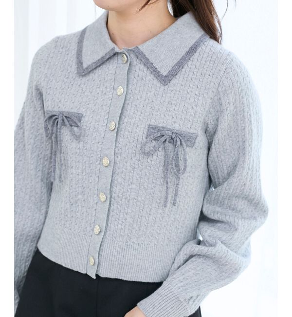  「バイカラーリボンケーブルニットカーデ」|カーディガン|