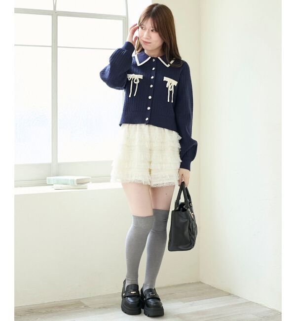  「バイカラーリボンケーブルニットカーデ」|カーディガン|