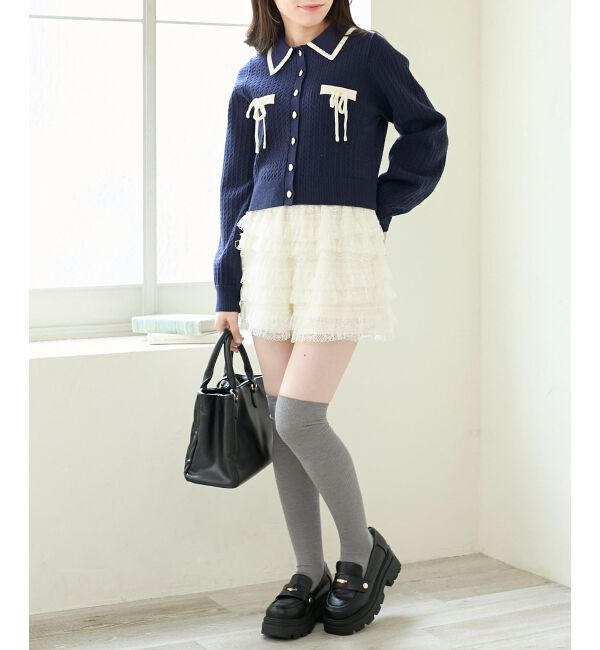  「バイカラーリボンケーブルニットカーデ」|カーディガン|