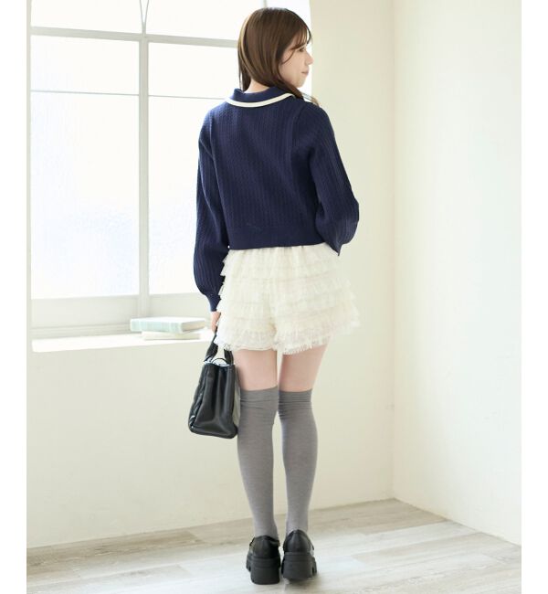  「バイカラーリボンケーブルニットカーデ」|カーディガン|