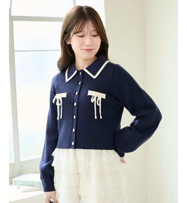  「バイカラーリボンケーブルニットカーデ」|カーディガン|