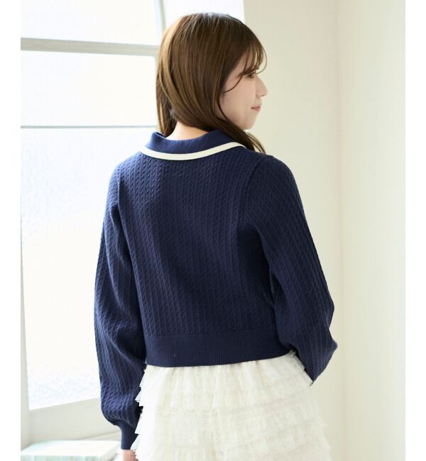  「バイカラーリボンケーブルニットカーデ」|カーディガン|