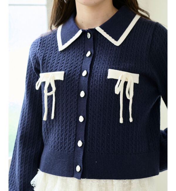  「バイカラーリボンケーブルニットカーデ」|カーディガン|