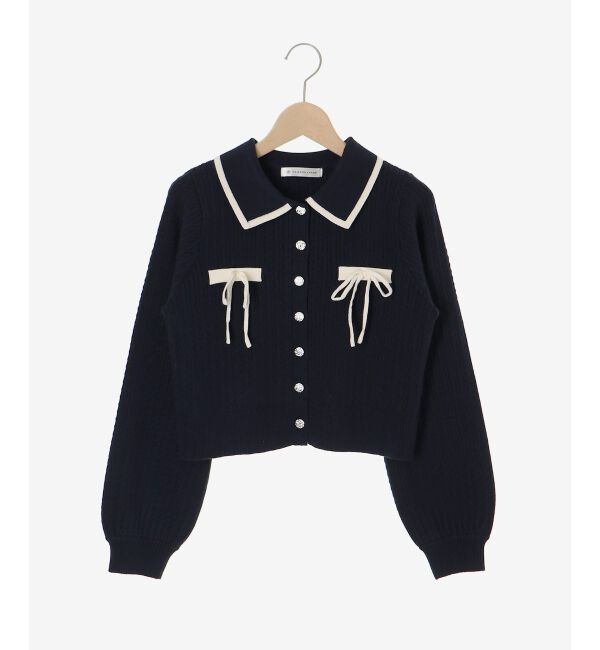  「バイカラーリボンケーブルニットカーデ」|カーディガン|