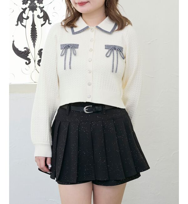  「バイカラーリボンケーブルニットカーデ」|カーディガン|