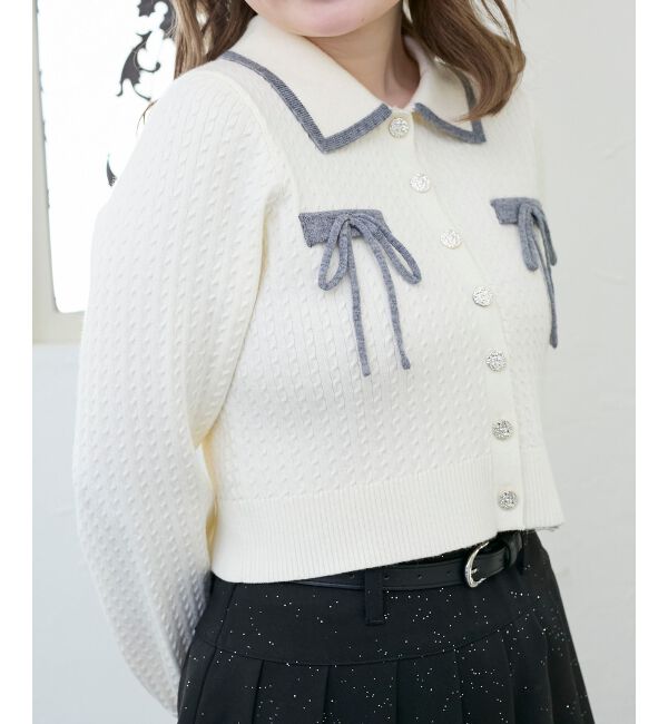  「バイカラーリボンケーブルニットカーデ」|カーディガン|
