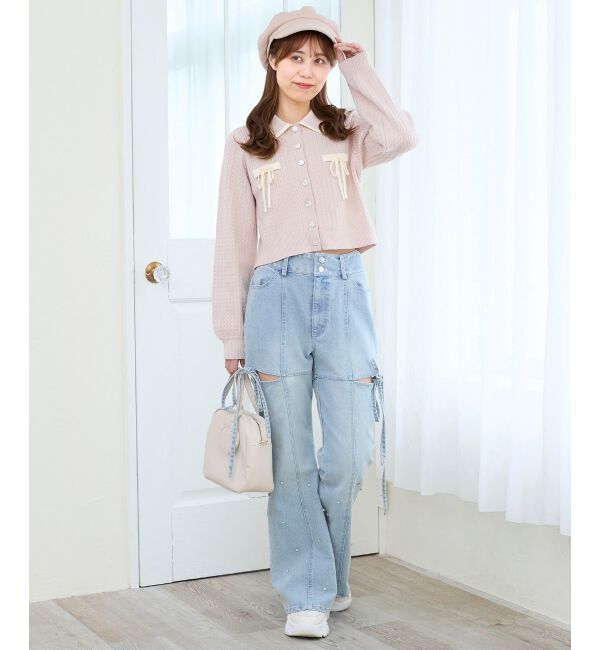  「バイカラーリボンケーブルニットカーデ」|カーディガン|